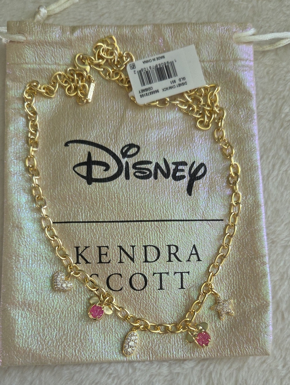 DISNEY X KENDRA SCOTT MICKEY & MINNIE MOUSE GOLD CHARM NECKLACE IRIDESCENT PINK
